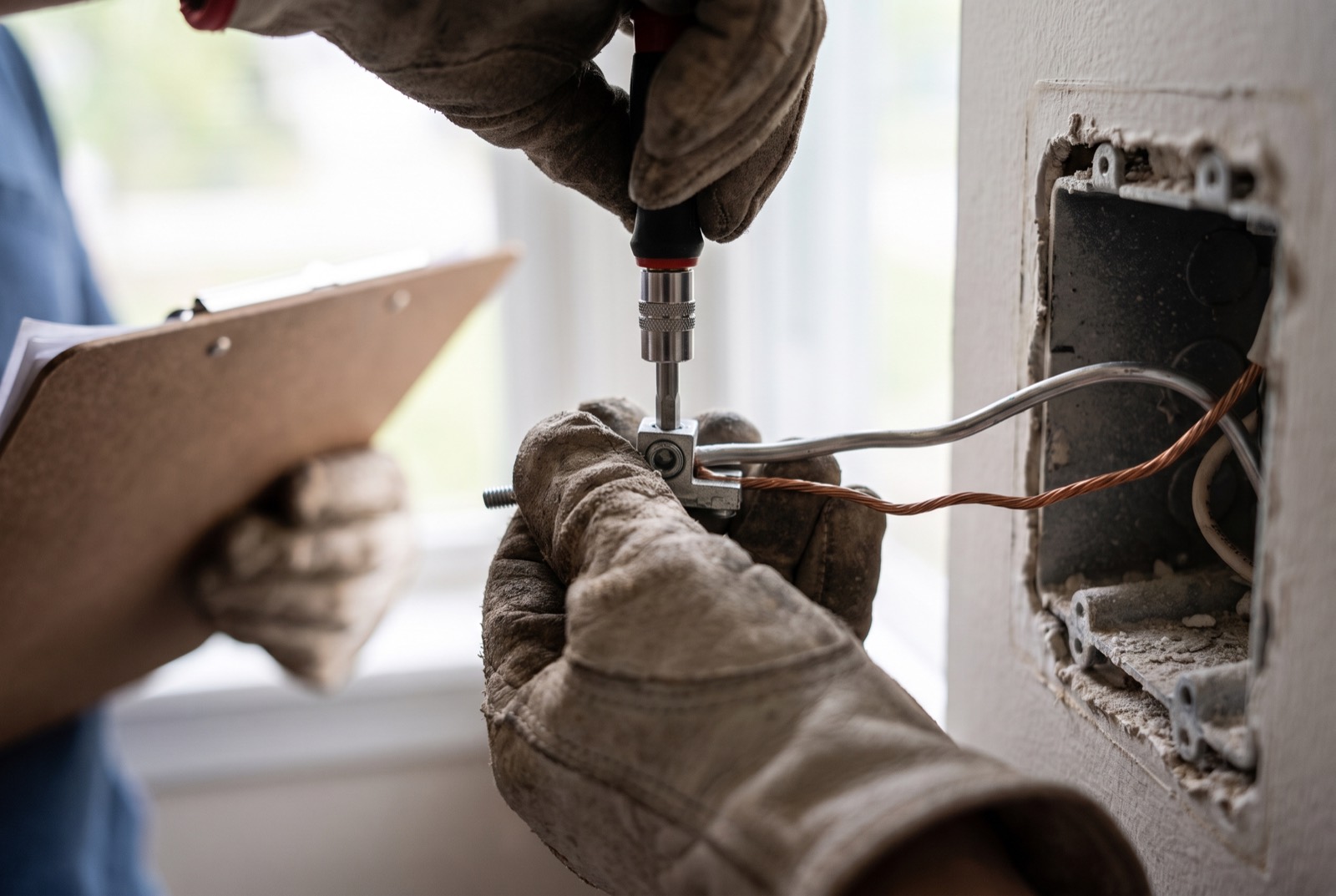 A gloved hand checking a connector in an open outlet box with a torque screwdriver