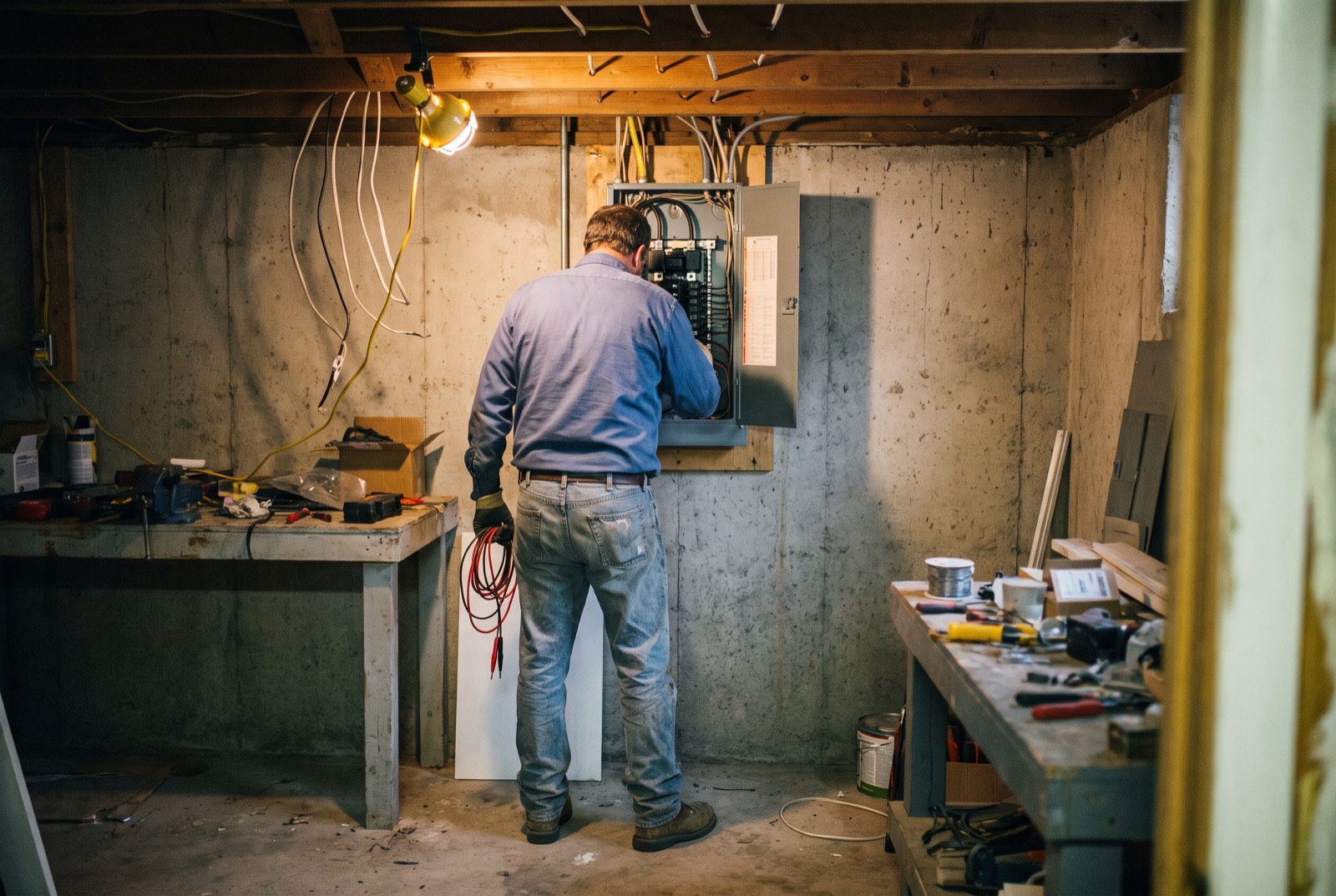 An electrician at an open breaker panel in the basement of a 1960s house